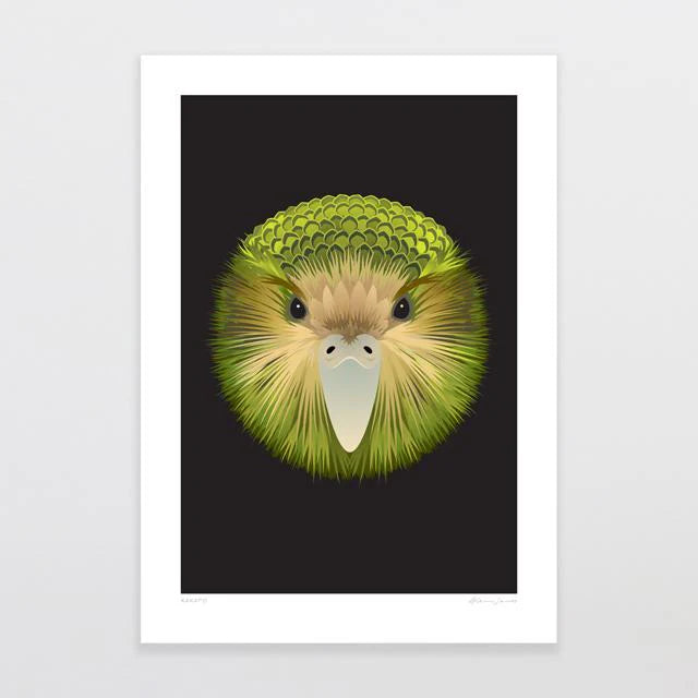 Product Description: "Kakapo by Glenn Jones" from the Glenn Jones brand showcases a centered illustration of a flightless parrot against a black background. This artwork captures the kakapo's vibrant green and yellow feathers with its rounded face and large, expressive eyes, highlighted by its distinctive pale beak. The contrast against the vivid plumage creates an enchanting portrait.