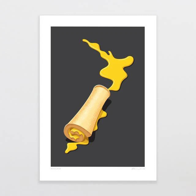 The image of Mainland by Glenn Jones features a cylindrical cheese roll with melted yellow cheese flowing from it, set against a dark gray background. This signature design by Glenn Jones captures dynamic motion through its fluid patterns and stands out brilliantly against the neutral backdrop.