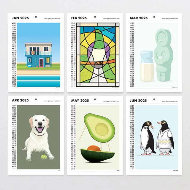 The A5 size 2025 Calendar by Glenn Jones, a product of the Glenn Jones brand, presents six months of 2025, each highlighted by distinct Kiwiana artwork: a beach house for January, a stained glass window for February, a sculpture for March, a dog with a ball for April, an avocado with an egg center for May, and two penguins in June.