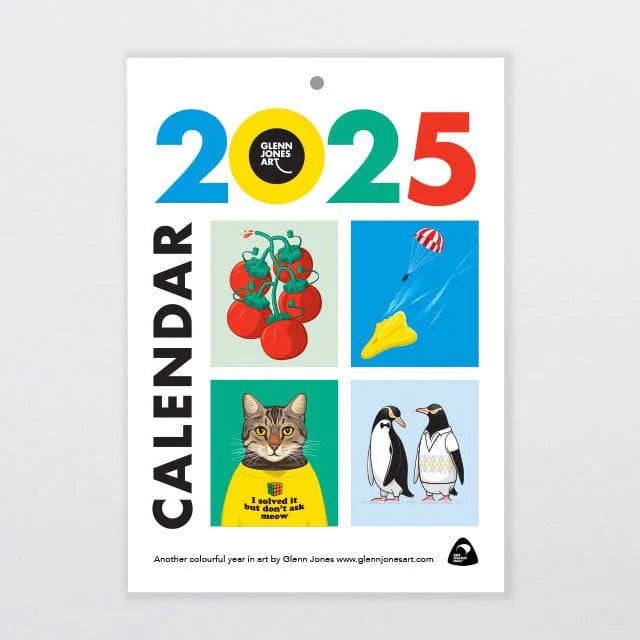 2025 Calendar cover showcasing colorful Kiwiana artwork by Glenn Jones: includes a tomato plant with twisted stems, a yellow boat featuring a red-striped parachute, a whimsical cat in glasses exclaiming, "I used to live in the sea," and two penguins. The word "CALENDAR" is prominently displayed vertically on the left. Ideal size for your A5 planner!