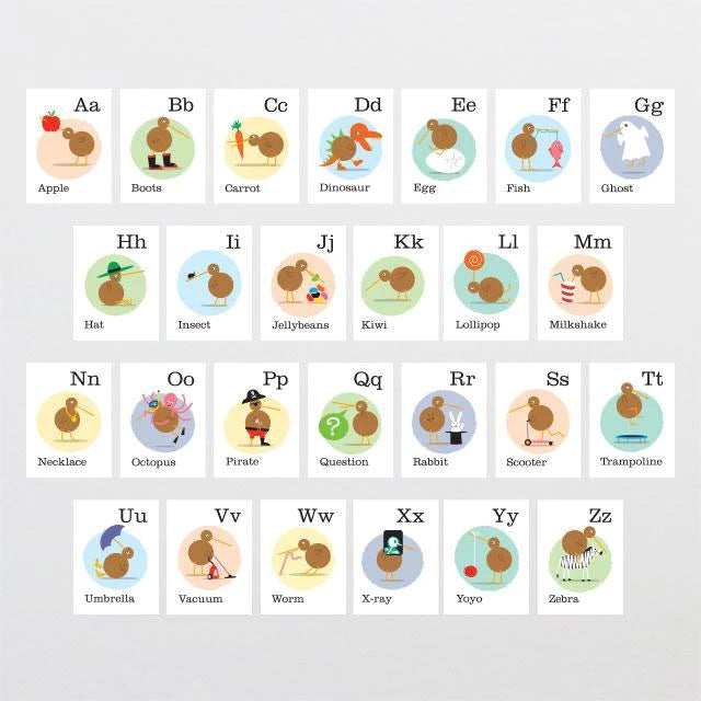 Introducing Flash Cards by Glenn Jones, a vibrant and playful alphabet chart featuring whimsical kiwi birds representing each letter. Each letter from A to Z is paired with an object or concept, such as "A" for "Apple," "B" for "Boots," and "C" for "Carrot." The kiwi birds are cleverly dressed or posed to illustrate each word, making learning fun and engaging. Brought to you by the creative genius of Glenn Jones.