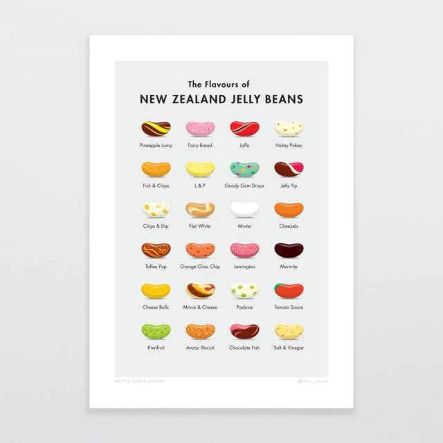 Poster titled "What's Your Flavour? by Glenn Jones" from Glenn Jones. Showcases 24 jelly bean varieties, each uniquely named and colored, displayed in a 6x4 grid. Examples include Pineapple Lump, Kiwi Fruit, L&P, and Lamington. The background is light green with white borders.