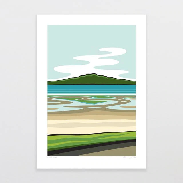 Rangitoto by Glenn Jones, a minimalist illustration from the Glenn Jones Scenic Series, portrays a tranquil coastal landscape with green and tan hues in the foreground. The calm blue-green waters mirror the sky above. In the distance, Rangitoto, an iconic green-topped volcano, rests beneath a pale blue sky adorned with white, swirling clouds.