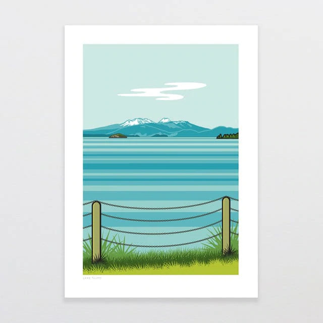 Lake Taupo by Glenn Jones offers a stunning landscape illustration featuring serene blues and greens. The artwork showcases Lake Taupo with majestic mountains in the background, a grassy area enclosed by wooden posts connected with ropes in the foreground, and a clear sky dotted with a few white clouds. This piece is part of the Glenn Jones Scenic Series.